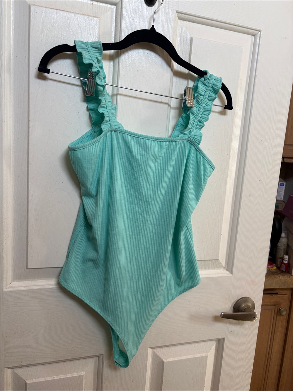 Simply Southern Mint Green Ribbed Ruffled Strap Bodysuit